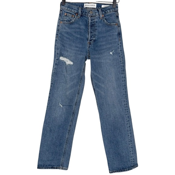 Denim Forum Size 23 Arlo Hi-Rise Straight Medium Blue Wash Stretch Denim Jeans - Picture 8 of 8